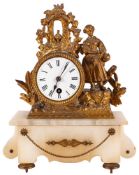 A gilt-metal and white onyx mantel clock: having an eight-day duration timepiece movement with the