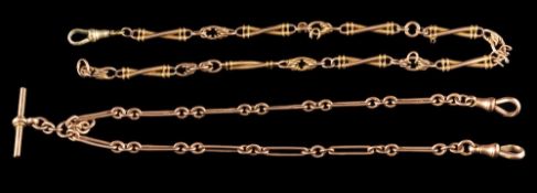 A 9 carat gold Albert chain,: composed of trombone and belcher links, with a T bar, stamped 375,
