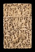 A Chinese Canton ivory card case: carved overall in traditional style with numerous figures,
