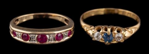 A ruby and diamond ring,: the circular cut rubies with eight cut diamonds in between, stamped 375,