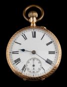 A 14 carat gold pocket watch,: the white enamel dial with black Roman numerals,