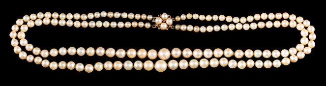 A double strand cultured pearl necklace,: the two strands of 9mm to 3mm cultured pearls,