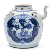 A Chinese blue and white 'boys and lotus' wine ewer: with short scroll spout and four animal head