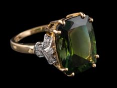 A 14 carat gold green tourmaline and diamond dress ring:,
