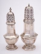 A George V silver sugar caster, maker Adolph Scott, Birmingham, 1934: of octagonal baluster outline,