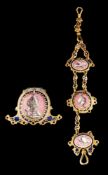 A gilt metal and enamel brooch,: possibly converted from a chatelaine,