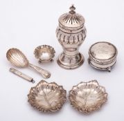 A mixed collection of silver, various makers and dates: includes a sugar caster, two leaf dishes,