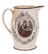 A Liverpool creamware baluster jug: transfer printed and enamelled with a ship portrait,