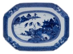 A Chinese blue and white octagonal dish: painted with a traditional lake landscape within composite