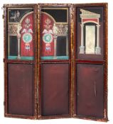 A painted canvas and leather studded three fold screen:,