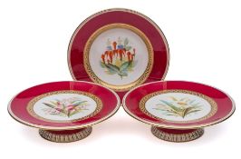 A late 19th century English porcelain botanical part dessert service: each piece painted with a