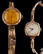 A 9 carat gold wristwatch,: the dial with black Arabic numerals and moon hands,