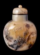 A large Chinese 'Suzhou' agate snuff bottle and stopper: of flattened rounded form,