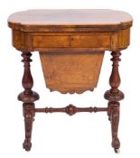 A Victorian walnut and inlaid games and work table:, crossbanded in tulipwood,
