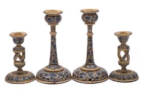 A Kashmiri wood and polychrome decorated table lamp: together with two pairs of wood and polychrome