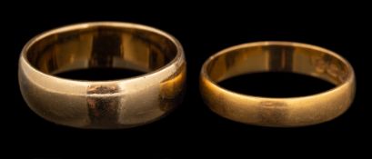 A 22 carat gold ring,: of plain polished form, stamped 22 with Birmingham hallmarks, ring size O, 3.