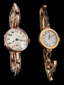 A gold wristwatch,: the white dial with black Arabic numerals and steel hands, the case stamped 18,