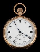 A 9 carat gold openface pocket watch,: the white enamel dial with black Roman numerals,