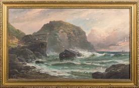 George Henry Jenkins [1843-1914]- Fishermen operating a winch on a rocky ledge,