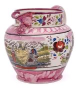 A large Sunderland pink lustre creamware jug: transfer printed and enamelled with the 'Sailor's