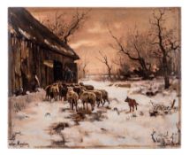A Rozenburg porcelain rectangular plaque painted by Meulen: depicting a snow covered Winter