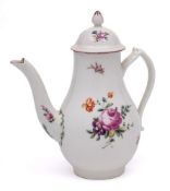A Derby pear-shaped coffee pot and cover: with bud finial and acanthus moulded angular handle,