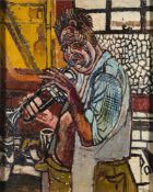 * John Randall Bratby [1928-1992] - Self-portrait playing the trumpet in the scullery, Chiswick,