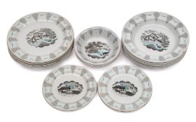 Eric Ravilious for Wedgwood a part dinner service: in the Travel pattern comprising six dinner
