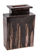 A slab built stoneware vase: of rectangular profile with raised neck under arbitrary chocolate