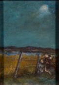 *Jim Gilbert [1933-1995]- Children crossing a barbed wire fence,:- oil on board 34 x 24cm.