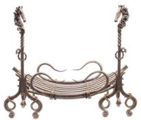 A 20th Century wrought iron fire basket: the concave basket suspended between stylised equestrian