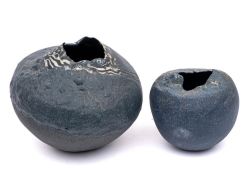 *Vinitha McWhinnie [1821-2004] two handbuilt stoneware vases: the matt blue oviform bodies with