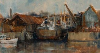 * Anthony Amos [1950-2010] Dockside,:- signed bottom right oil on card, 13 x 23cm.