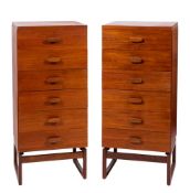 A pair of G-Plan 'Quadrille' teak six drawer cabinets,:- raised on square section supports,