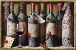 * Raymond Campbell [b.1956]- The Wine Cellar,:- signed, oil on board, 39 x 59cm.
