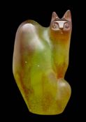 Claude L'Hoste for Daum 'Chat Perche': a green and amethyst veined pâte de verre sculpture of cat,