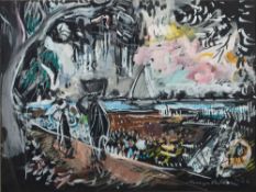 * Margo Veillon [1907-2003]- View to a bay, figures in the foreground,