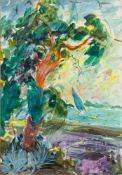 * Margo Veillon [1907-2003]- Landscape; tree in foreground view to a river beyond,