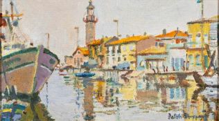 * Faith Sheppard [1920-2008]- Fishing Port, Le Grau du Roi,:- signed, oil on board, 16 x 29cm.