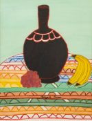 * Bryan Pearce [1929-2006]- Still life; black vase, bananas and grapes on a table cloth,