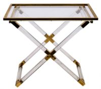 A lucite and brass mounted dumb waiter table in the manner of Charles Hollis Jones (1945-): the