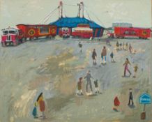 * Sarah Allpress [b.1952]- Circus,:- signed and inscribed on the reverse, oil on board, 36 x 45cm.
