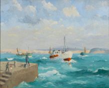* Hugh E Ridge [1899-1976]- Cornish Trawlers off a harbour wall,:- signed, oil on canvas,