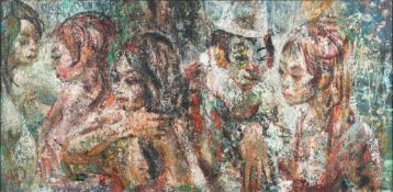 * John Uht [1922-2010]- Clown and Children,:- signed bottom left oil on canvas, 44 x 90cm.