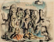 * Derek Hill [1916-2000]- Day trippers at Stonehenge,:- watercolour, pen and ink drawing 36 x 46cm.