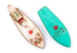 Sutcliffe, Model Bluebird 1: clockwork speedboat, with light blue hull and white deck,