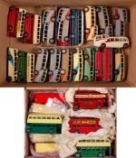 An unboxed group of various Dinky buses and coaches: including several observation coaches