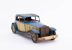 A Mettoy large scale tinplate clockwork Rolls Royce: in blue/cream with red interior (playworn).