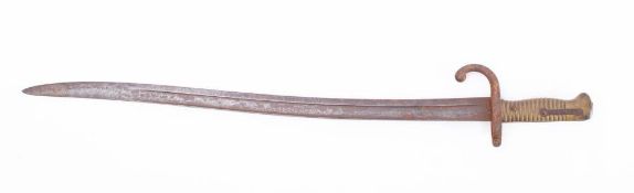 A French model 1866 Chassepot bayonet: dated 1869 with ribbed brass grip, numbered to hilt '65.1.II.
