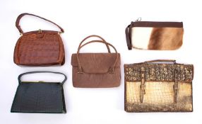 A mid 20th century alligator skin bag: together with a brown crocodile skin handbag,